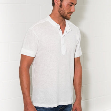 Men's Cotton Linen Snap-Up Mock Neck Tee