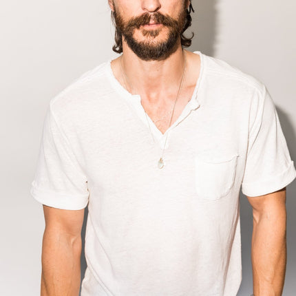 Men's Linen Blend Raw Edge Split V-Neck Tee