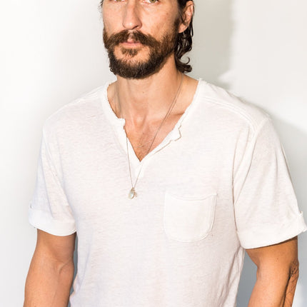 Men's Linen Blend Raw Edge Split V-Neck Tee