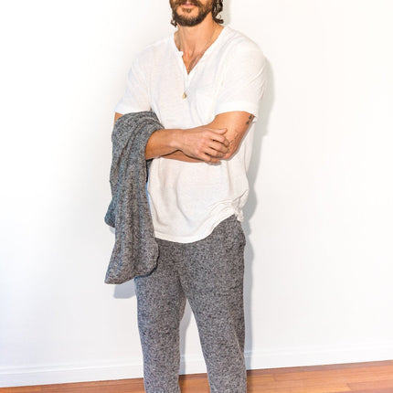 Men's Linen Blend Raw Edge Split V-Neck Tee