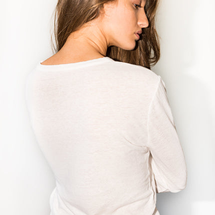 Women's Linen Blend Wide Cuff Long Sleeve Tee - White