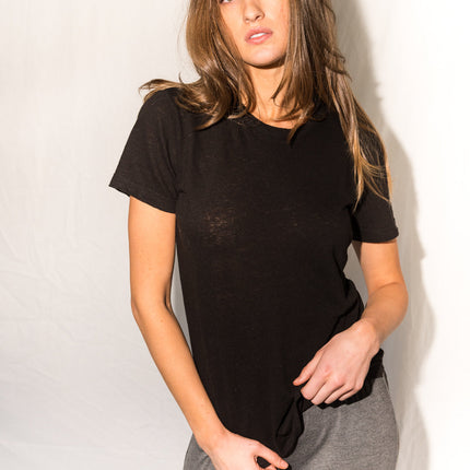 Women's Linen Blend Wide Neck Band Tee - Black