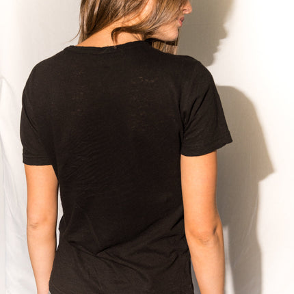 WOMEN'S LINEN BLEND WIDE NECK TEE - BLACK