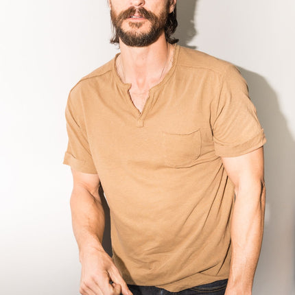 Men's Linen Blend Raw Edge Split V-Neck Tee