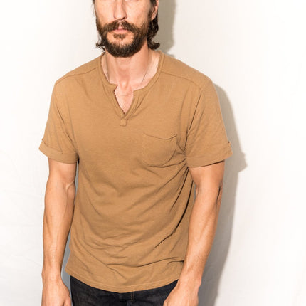 Men's Linen Blend Raw Edge Split V-Neck Tee