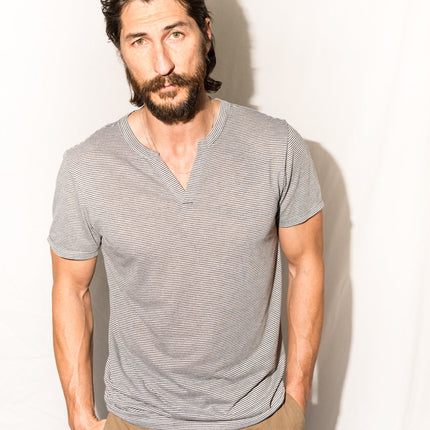 Men's Jersey Cross V-Neck Tee - Grey White Stripe