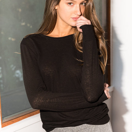 Women's Linen Blend Wide Cuff Long Sleeve Tee - Black