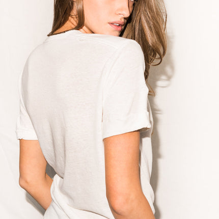 Women's Linen Blend Raw Neck Curved Pocket Tee - White