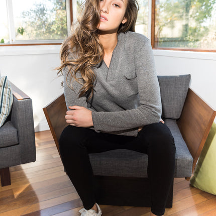 Women's French Terry Raw Neck Pocket Sweater - Heather Grey