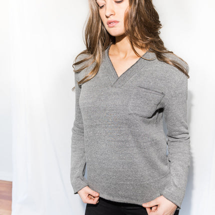 Women's French Terry Raw Neck Pocket Sweater - Heather Grey