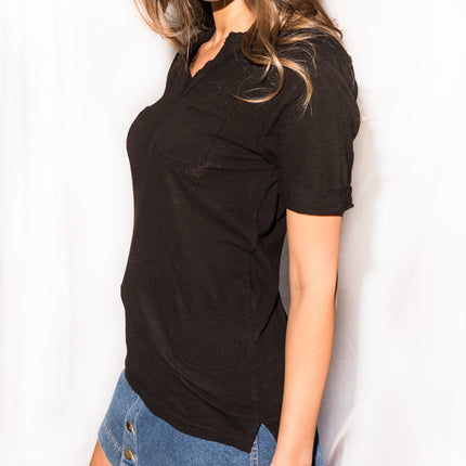 Women's Linen Blend Raw Neck Curved Pocket Tee - Black