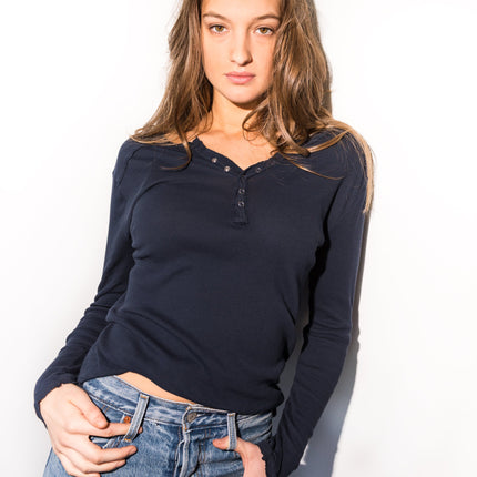 WOMEN'S HENLEY LONG SLEEVE RIB SHIRT - NAVY