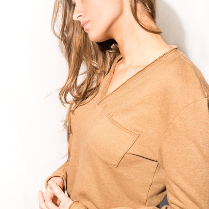 Women's French Terry Raw Neck Pocket Sweater - Camel