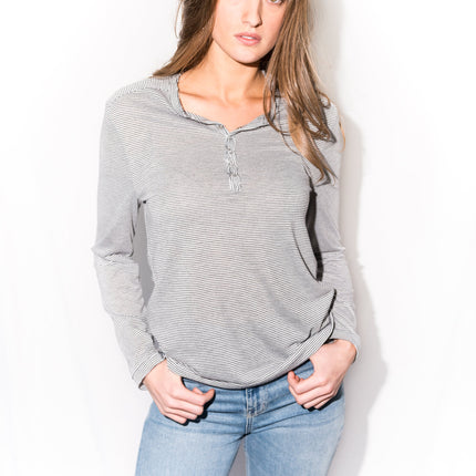 WOMEN'S HENLEY LONG SLEEVE SHIRT - GREY/WHITE STRIPE