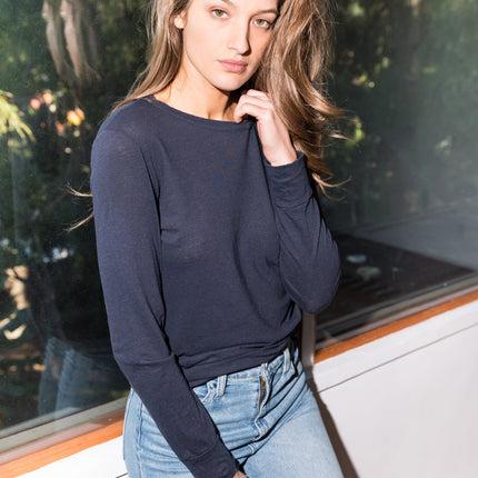 Women's Linen Blend Wide Cuff Long Sleeve Tee - Navy