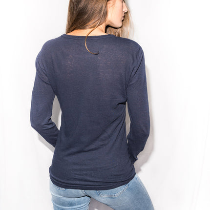 Women's Linen Blend Wide Cuff Long Sleeve Tee - Navy
