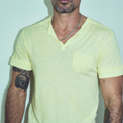 Men's Linen Blend Raw Edge Split V-Neck Tee