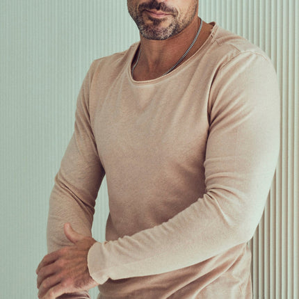 Men's Wallace Raw Neck Cotton Linen Long Sleeve Crew Tee