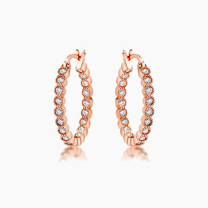 Rose Gold Plated Dotted Clear CZ Round Bezel Hoop Earrings