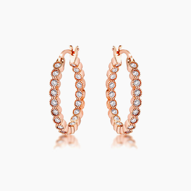 Rose Gold Plated Dotted Clear CZ Round Bezel Hoop Earrings