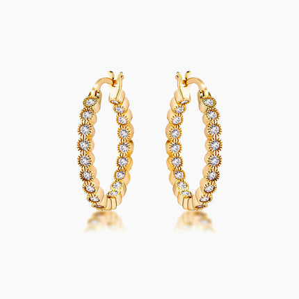 Gold Plated Dotted Clear CZ Round Bezel Hoop Earrings