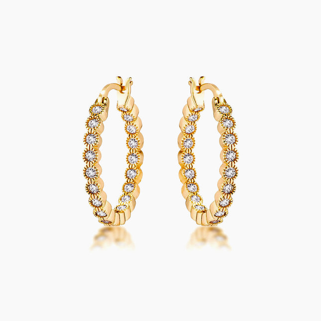 Gold Plated Dotted Clear CZ Round Bezel Hoop Earrings