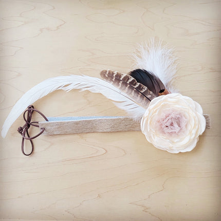 Leather Hat Band w/ Silk Flower & Feathers-Ivory (Band Only) 952s
