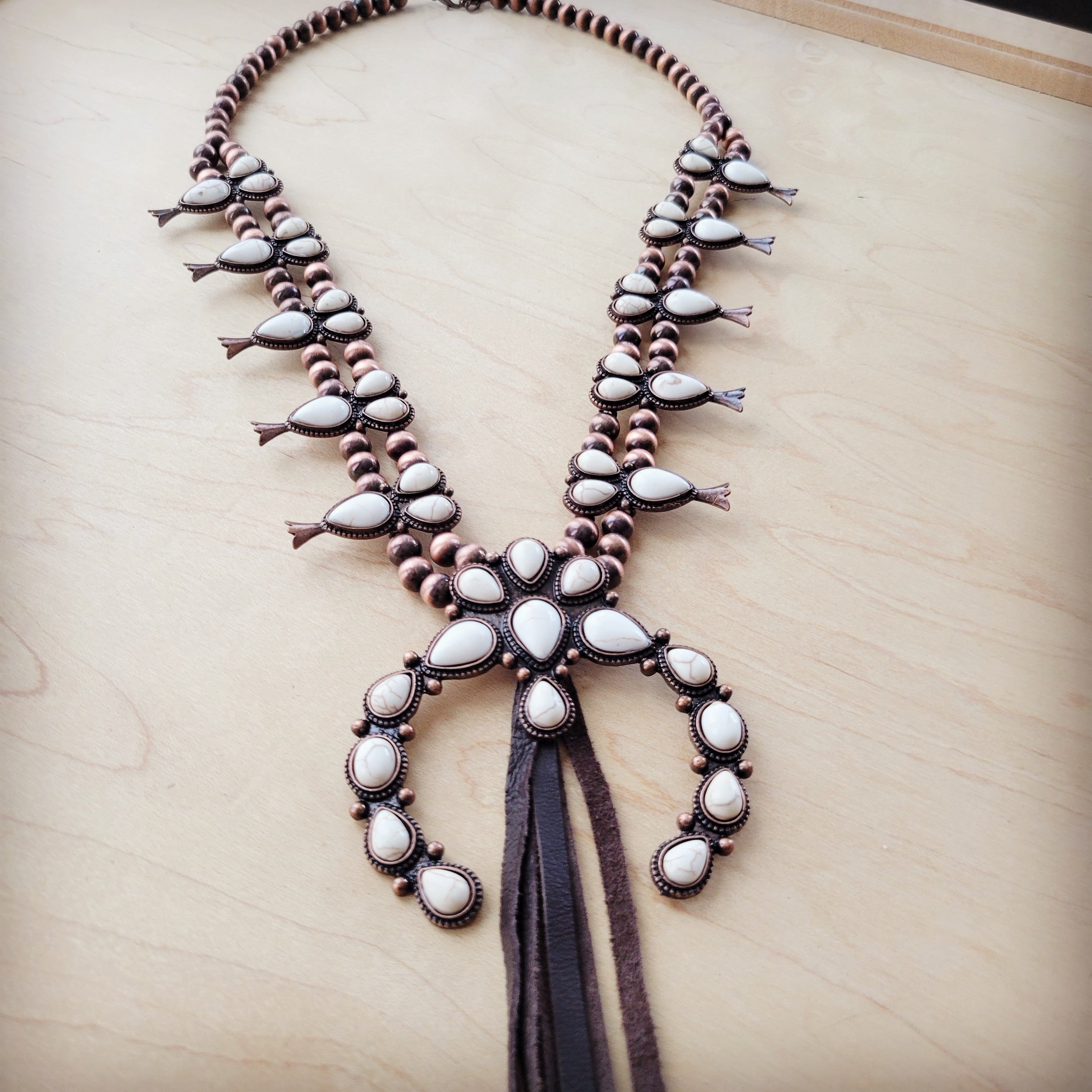 **White Turquoise Squash Blossom Necklace w/ Dark Brown Tassel 261z