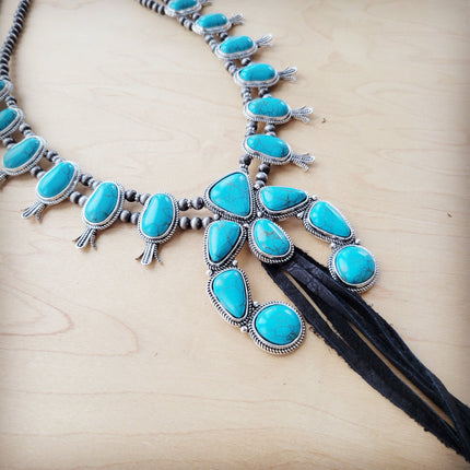 **Turquoise Squash Blossom Necklace w/ Long Black Tassel 262b
