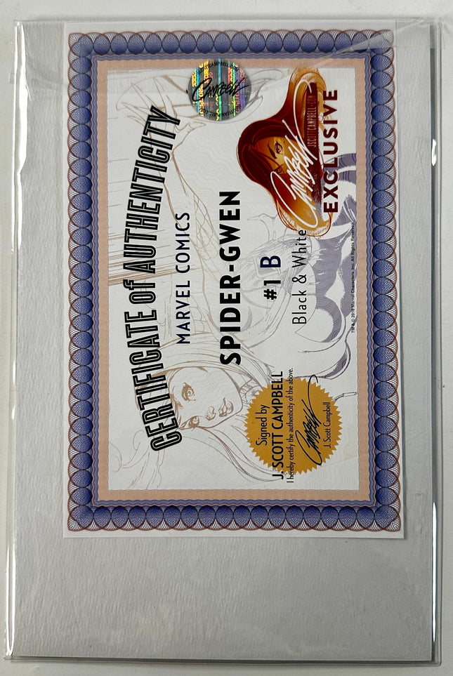 Spider-Gwen #1 B Marvel 2015 Signed J Scott Campbell Sketch B&W Exclusive Variant