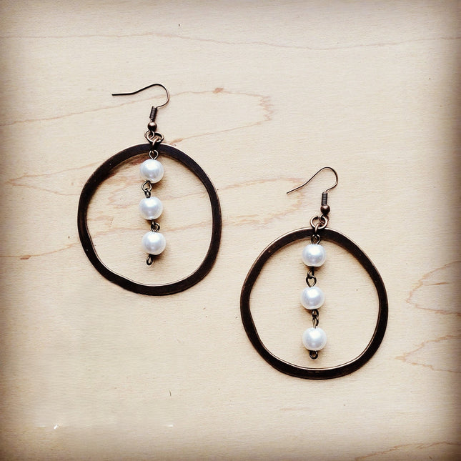 Western Copper Hoop Earrings w/ Glass Pearl Beads 217h