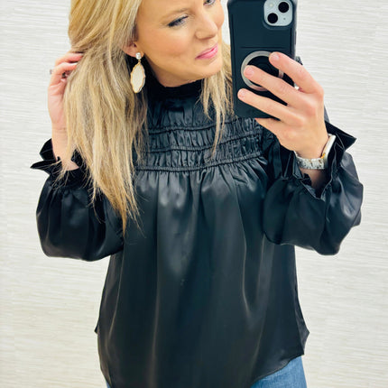 Black Frilled Satin Blouse