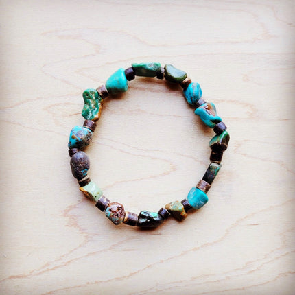 **Genuine HuBei Natural Turquoise Beaded Bracelet w/ Wood 810f