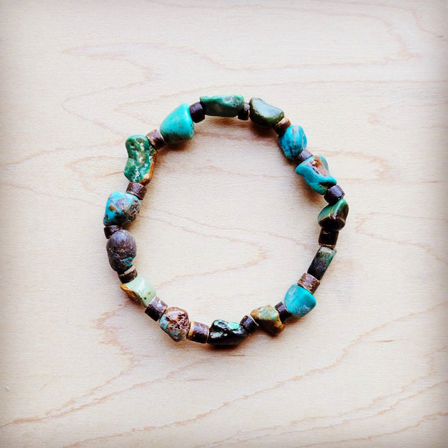 **Genuine HuBei Natural Turquoise Beaded Bracelet w/ Wood 810f