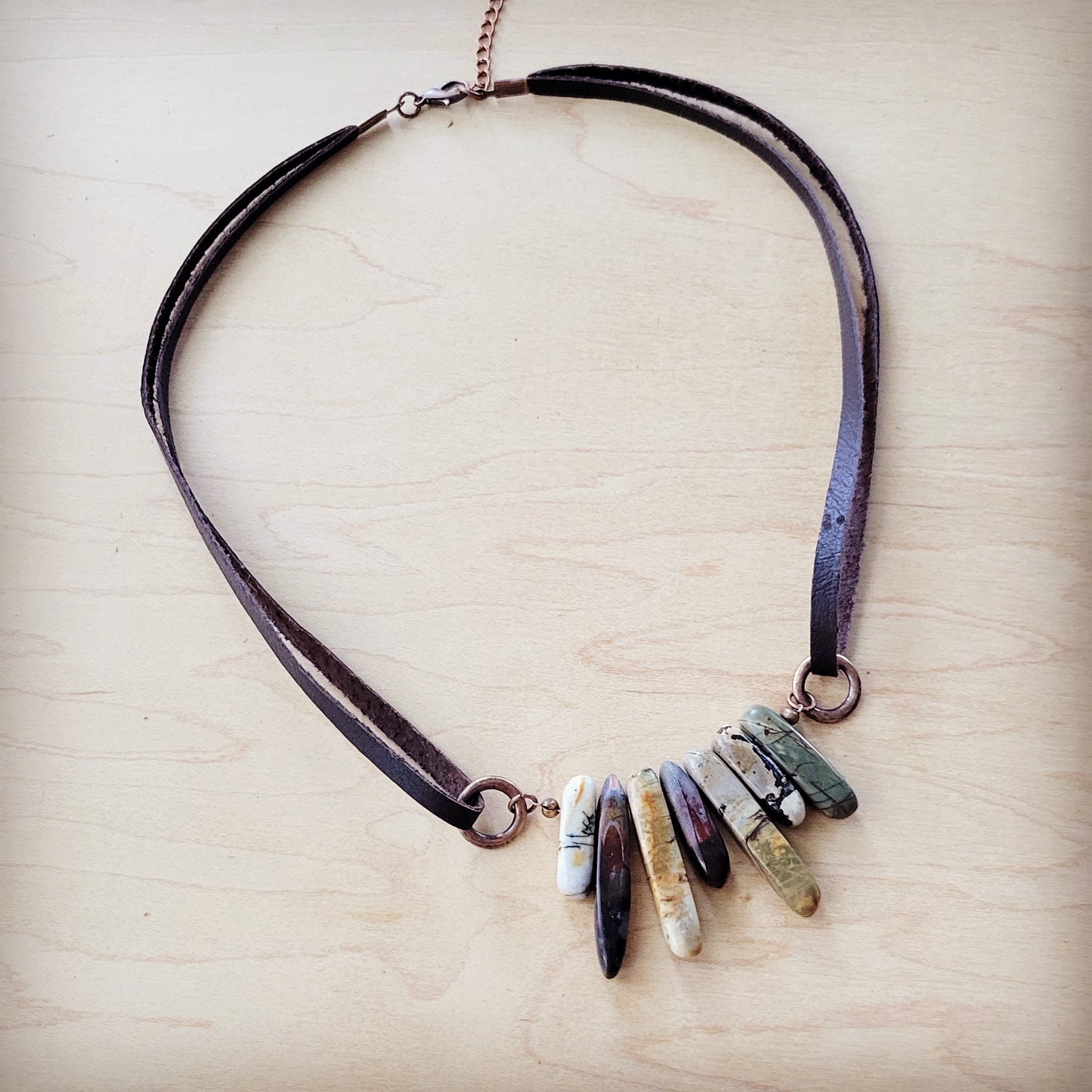 Picasso Jasper Stone Collar Necklace w/ Genuine Leather Cord 261f