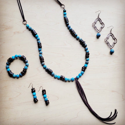 Ocean Agate and Wood Drop Earrings 225c