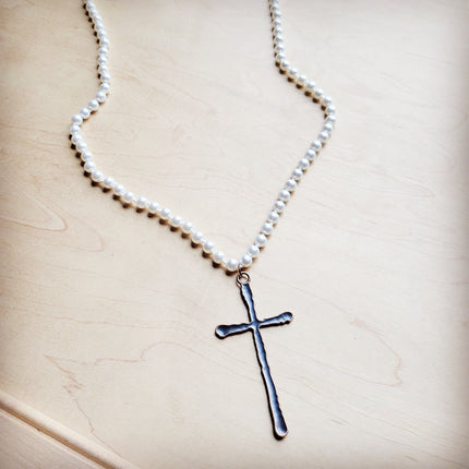 Extra Long Pearl Beaded Necklace w/ Copper Cross 260m