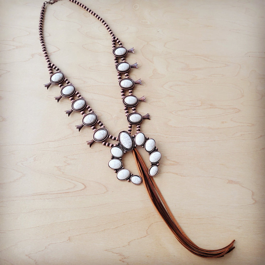 White Turquoise Squash Blossom Necklace w/ Tan Tassel 262a