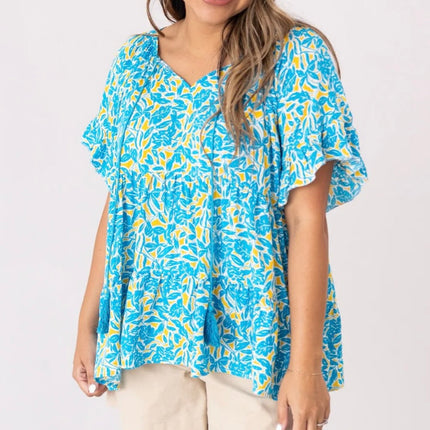 Blue & Yellow Floral Babydoll Blouse