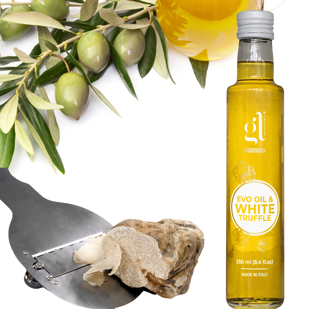 GL Truffle Gourmet, Extra Virgin Olive Oil & White Truffle with truffle slices (8.5 Fl oz) 250 ml