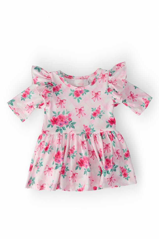 Gingham Bows 3/4 Sleeve Flutter Twirl Bodysuit