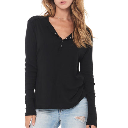WOMEN'S HENLEY LONG SLEEVE RIB SHIRT - BLACK