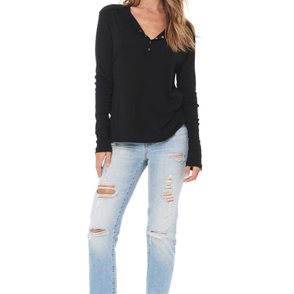 WOMEN'S HENLEY LONG SLEEVE RIB SHIRT - BLACK