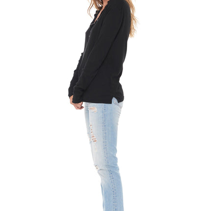 WOMEN'S HENLEY LONG SLEEVE RIB SHIRT - BLACK