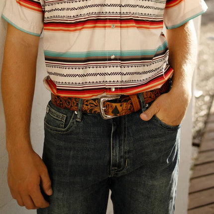 HOOey Gambler Filigree (Brown/Black) - Mens Leather Belt