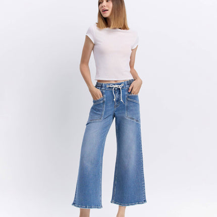 High Rise Flare Denim with Drawstring Waist