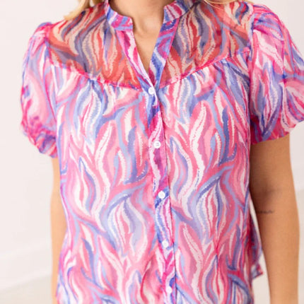 Abstract Stripe Puff Sleeve Blouse