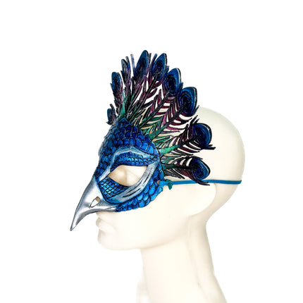 Metallic Blue Peacock Handmade Genuine Leather Mask