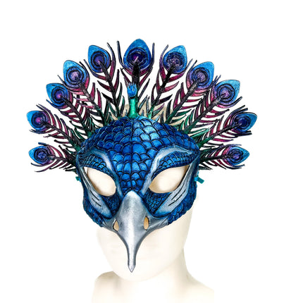 Metallic Blue Peacock Handmade Genuine Leather Mask