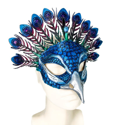 Metallic Blue Peacock Handmade Genuine Leather Mask
